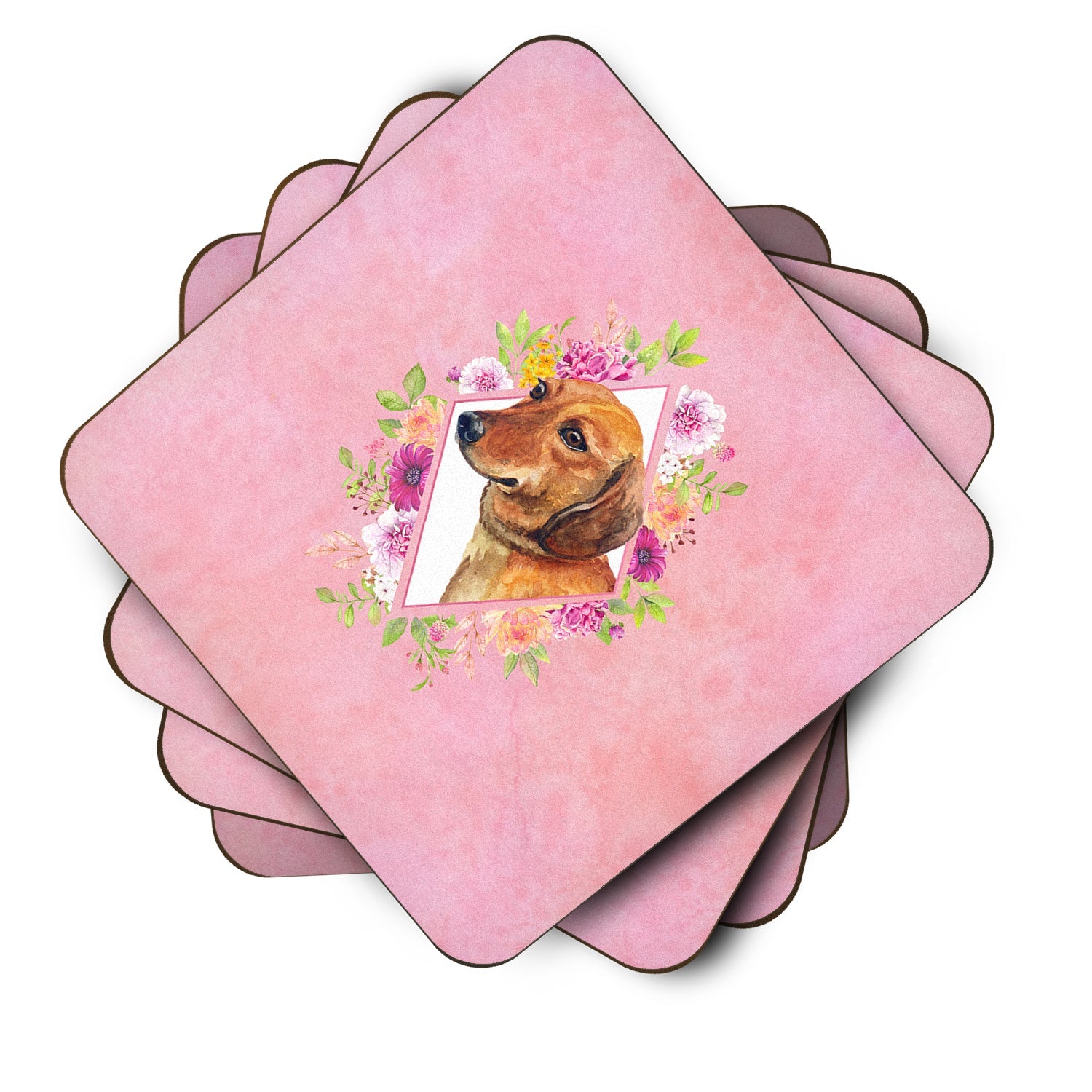 Dachshund Red #1 Pink Flowers Foam Coasters Set of 4 Cup Coasters for Indoor Outdoor, Tabletop Protection, Anti Slip, Mouse pad Material