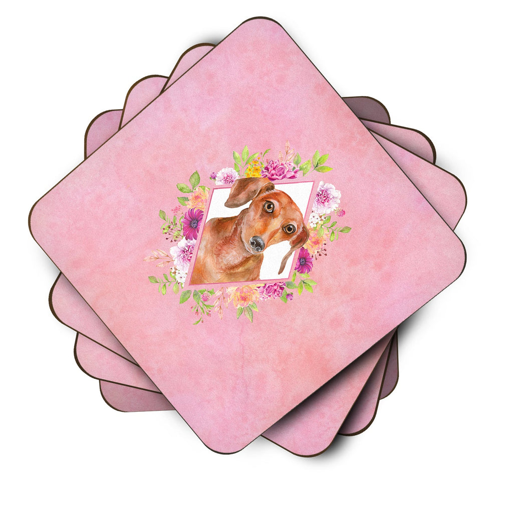 Dachshund Red #2 Pink Flowers Foam Coasters Set of 4 Cup Coasters for Indoor Outdoor, Tabletop Protection, Anti Slip, Mouse pad Material