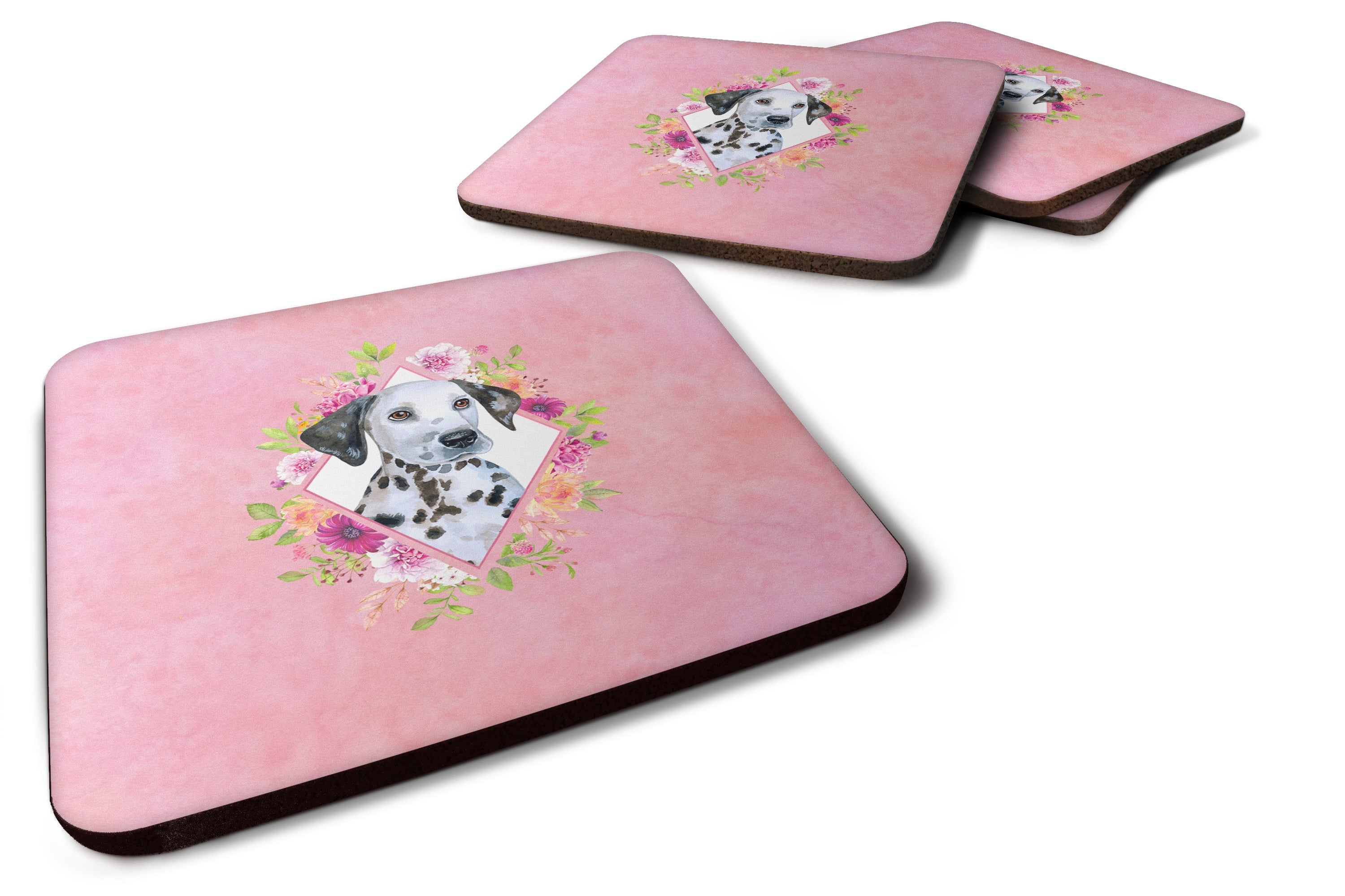 Dalmatian Puppy Pink Flowers Foam Coasters Set of 4 Cup Coasters for Indoor Outdoor, Tabletop Protection, Anti Slip, Mouse pad Material