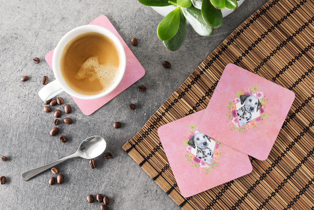 Dalmatian Puppy Pink Flowers Foam Coasters Set of 4 Cup Coasters for Indoor Outdoor, Tabletop Protection, Anti Slip, Mouse pad Material