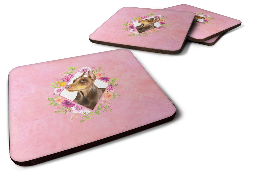 Doberman Pinscher Pink Flowers Foam Coasters Set of 4 Cup Coasters for Indoor Outdoor, Tabletop Protection, Anti Slip, Mouse pad Material