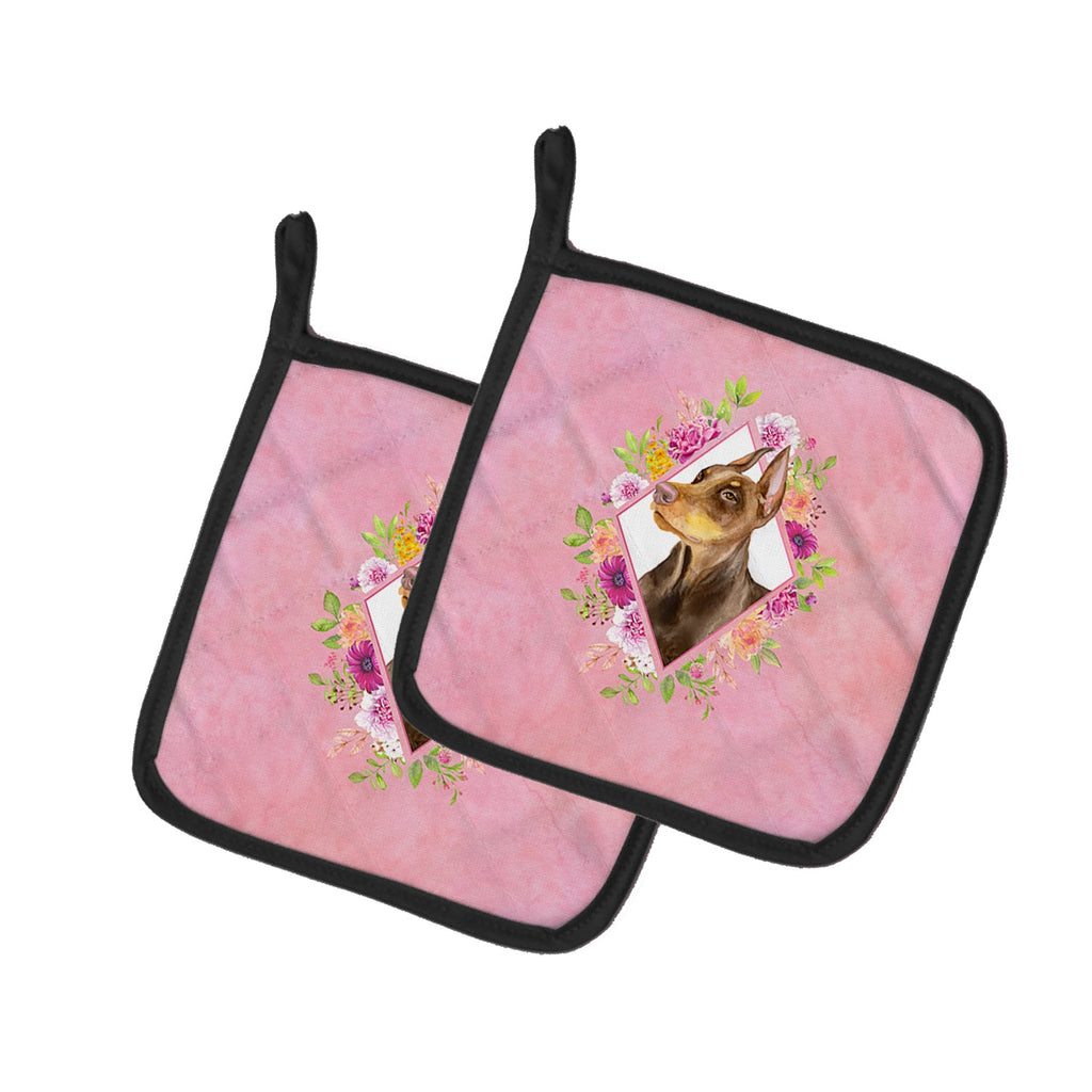 Doberman Pinscher Pink Flowers Pot Holder Set of 2 Heat Resistant Quilted Hot Pads 7.5 x 7.5 Inch, Insulated Kitchen Trivets for Cooking & Baking