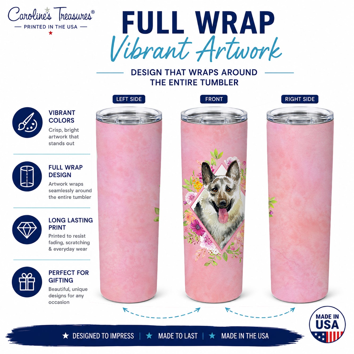 Eastern German Shepherd Pink Flowers Stainless Steel Skinny Tumbler 20 oz Vacuum Double Walled Reusable Insulated Travel Cup