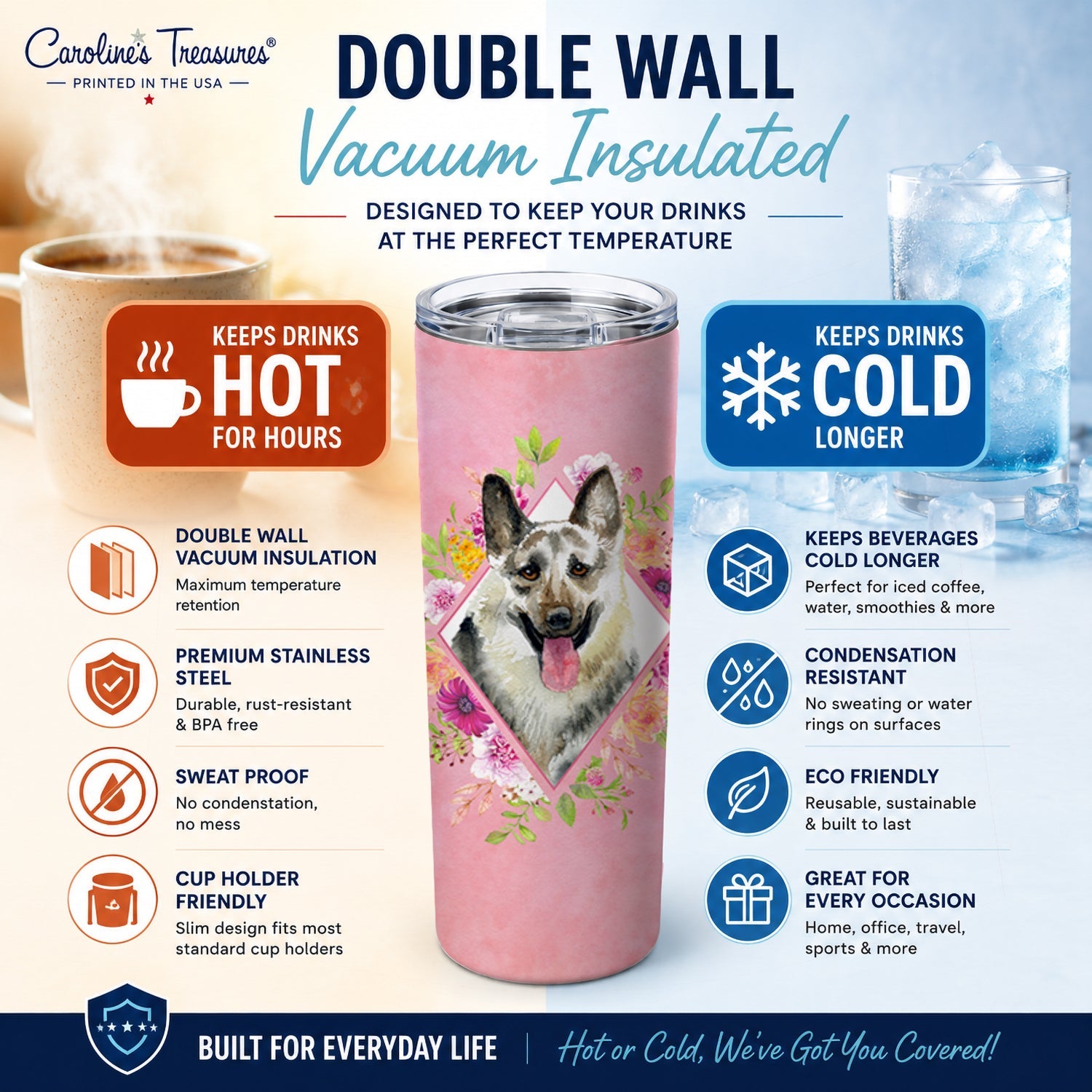 Eastern German Shepherd Pink Flowers Stainless Steel Skinny Tumbler 20 oz Vacuum Double Walled Reusable Insulated Travel Cup