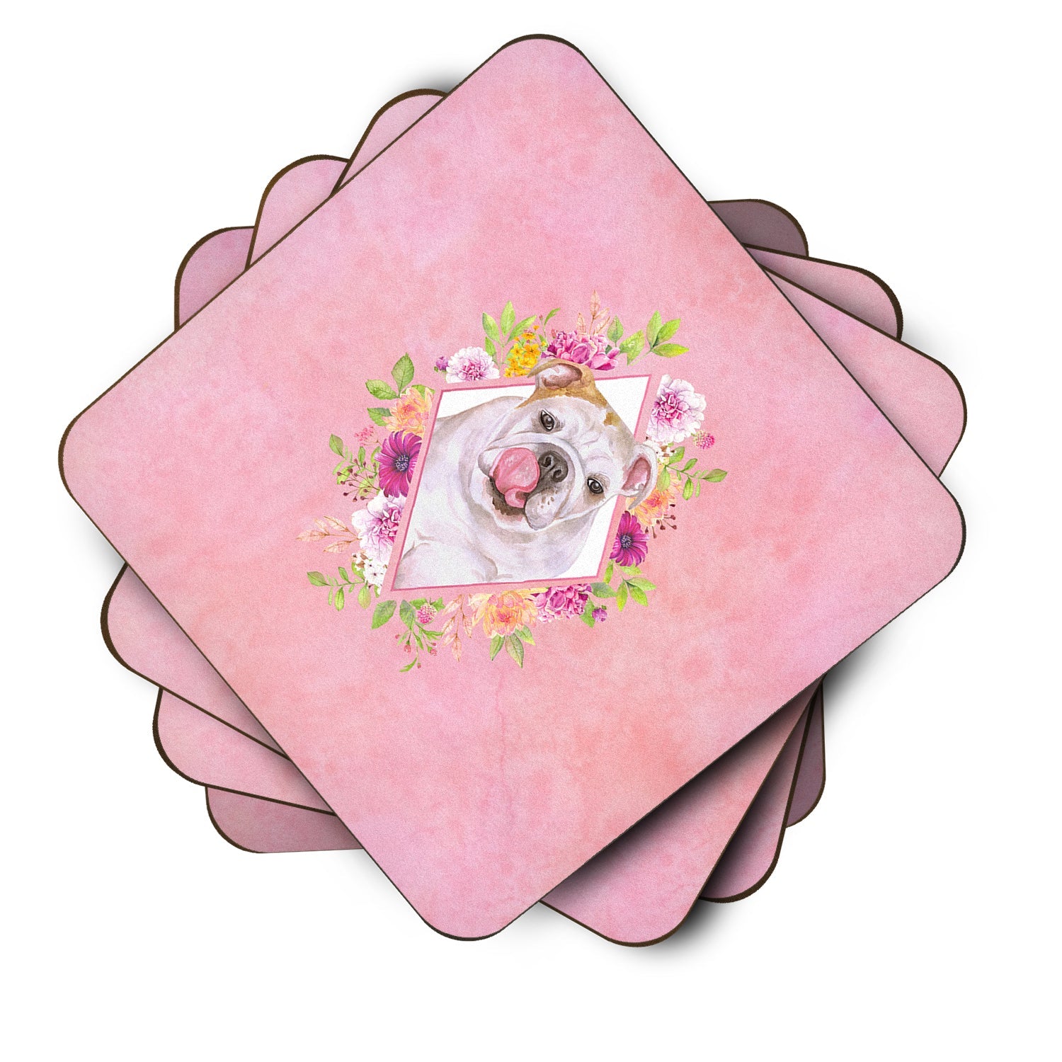 English Bulldog Pink Flowers Foam Coasters Set of 4 Cup Coasters for Indoor Outdoor, Tabletop Protection, Anti Slip, Mouse pad Material