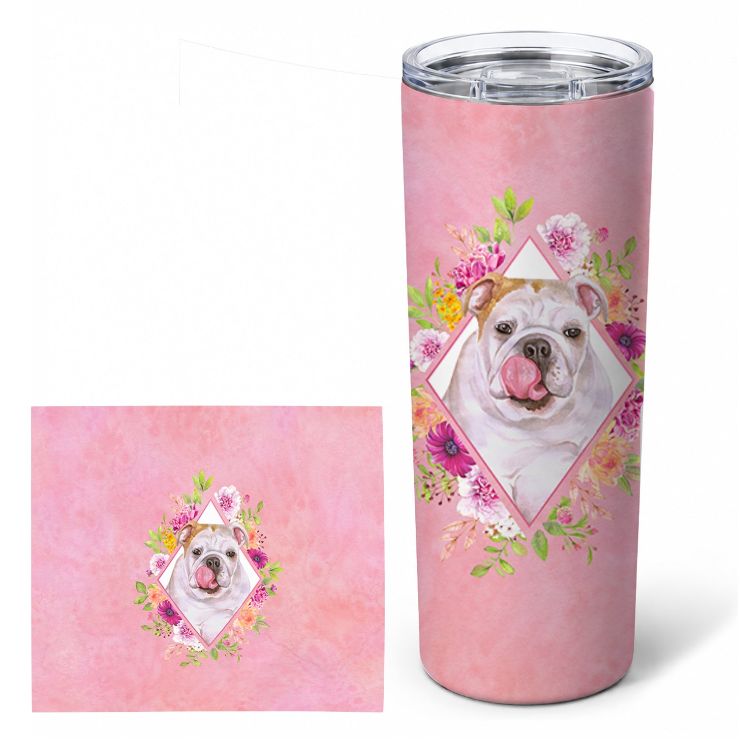 English Bulldog Pink Flowers Stainless Steel Skinny Tumbler 20 oz Vacuum Double Walled Reusable Insulated Travel Cup