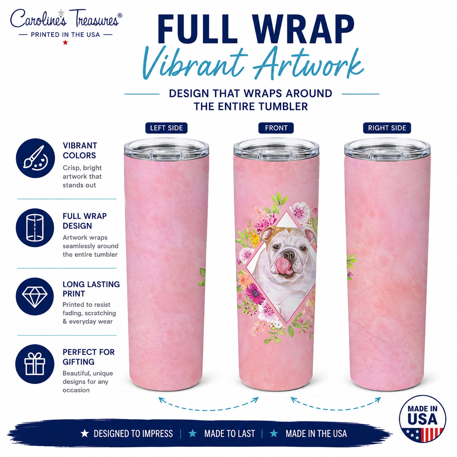 English Bulldog Pink Flowers Stainless Steel Skinny Tumbler 20 oz Vacuum Double Walled Reusable Insulated Travel Cup