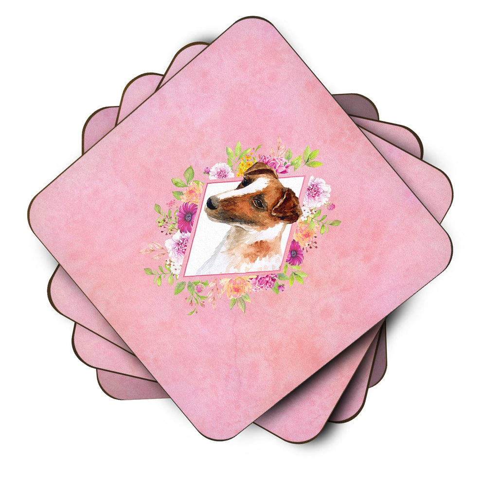 Jack Russell Terrier Pink Flowers Foam Coasters Set of 4 Cup Coasters for Indoor Outdoor, Tabletop Protection, Anti Slip, Mouse pad Material