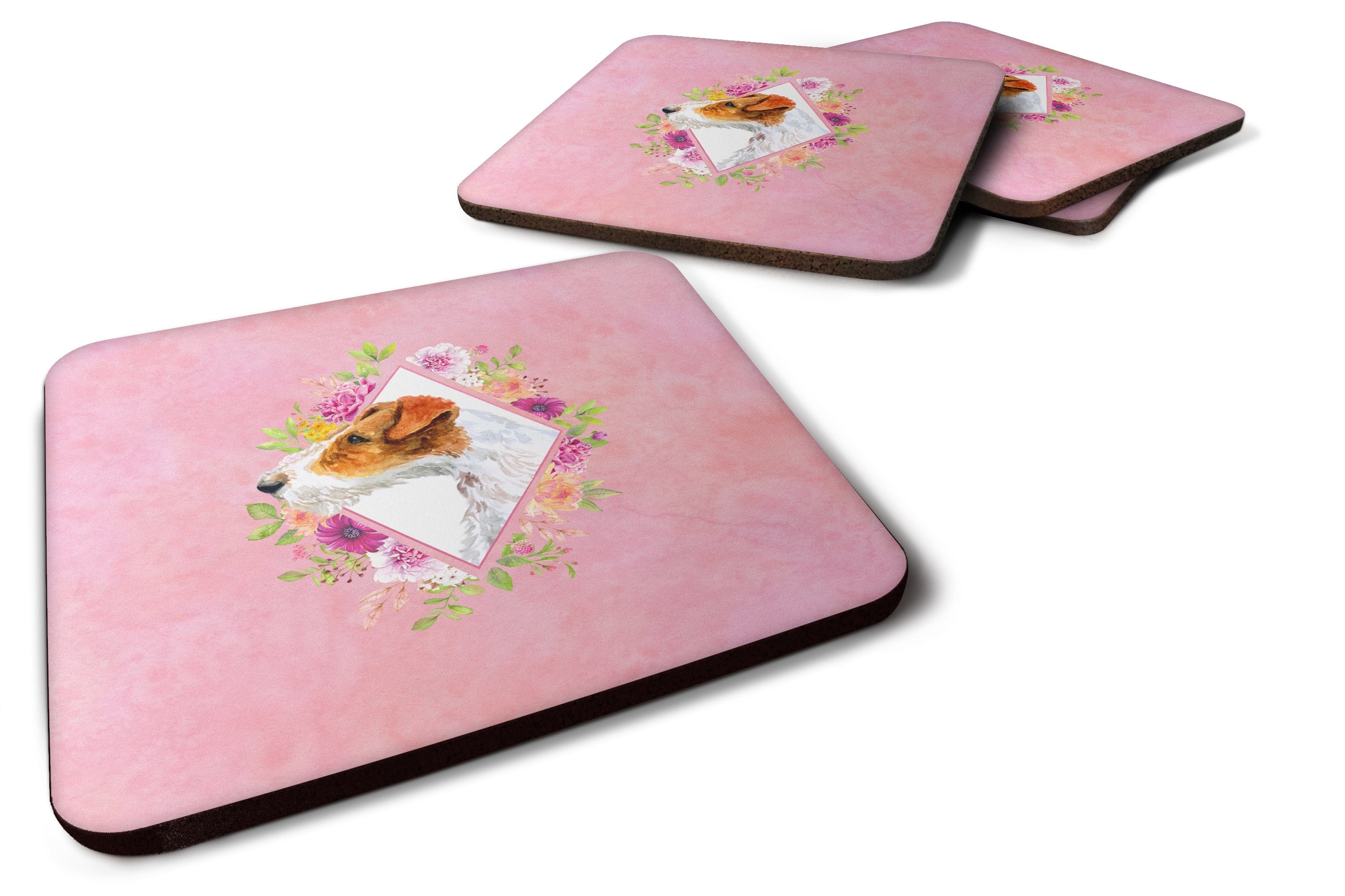 Jack Russell Terrier #2 Pink Flowers Foam Coasters Set of 4 Cup Coasters for Indoor Outdoor, Tabletop Protection, Anti Slip, Mouse pad Material