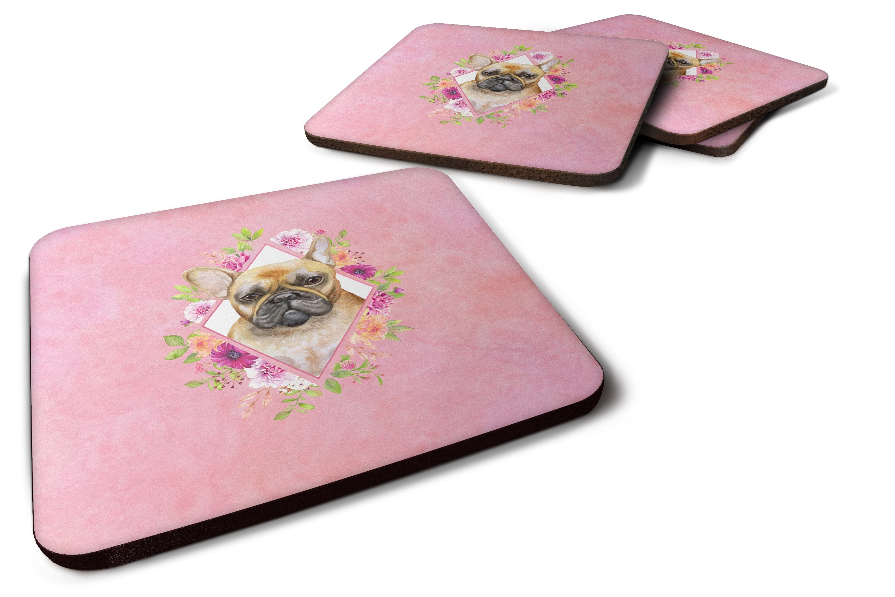 Fawn French Bulldog Pink Flowers Foam Coasters Set of 4 Cup Coasters for Indoor Outdoor, Tabletop Protection, Anti Slip, Mouse pad Material