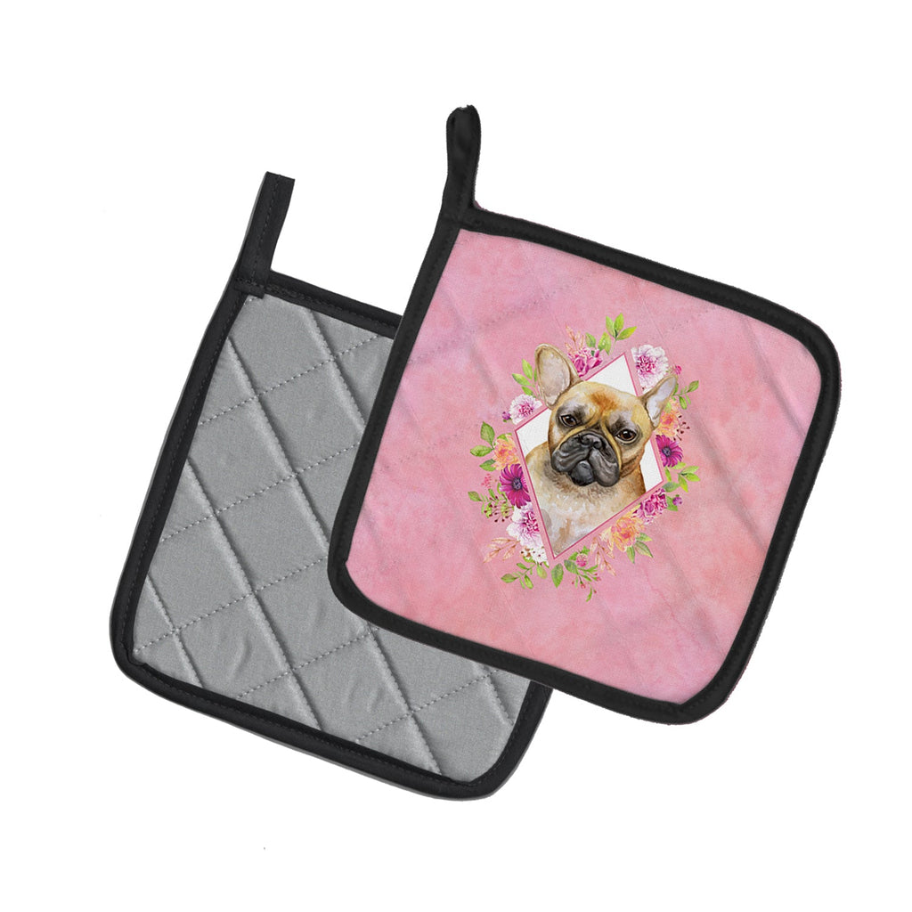 Fawn French Bulldog Pink Flowers Pot Holder Set of 2 Heat Resistant Quilted Hot Pads 7.5 x 7.5 Inch, Insulated Kitchen Trivets for Cooking & Baking