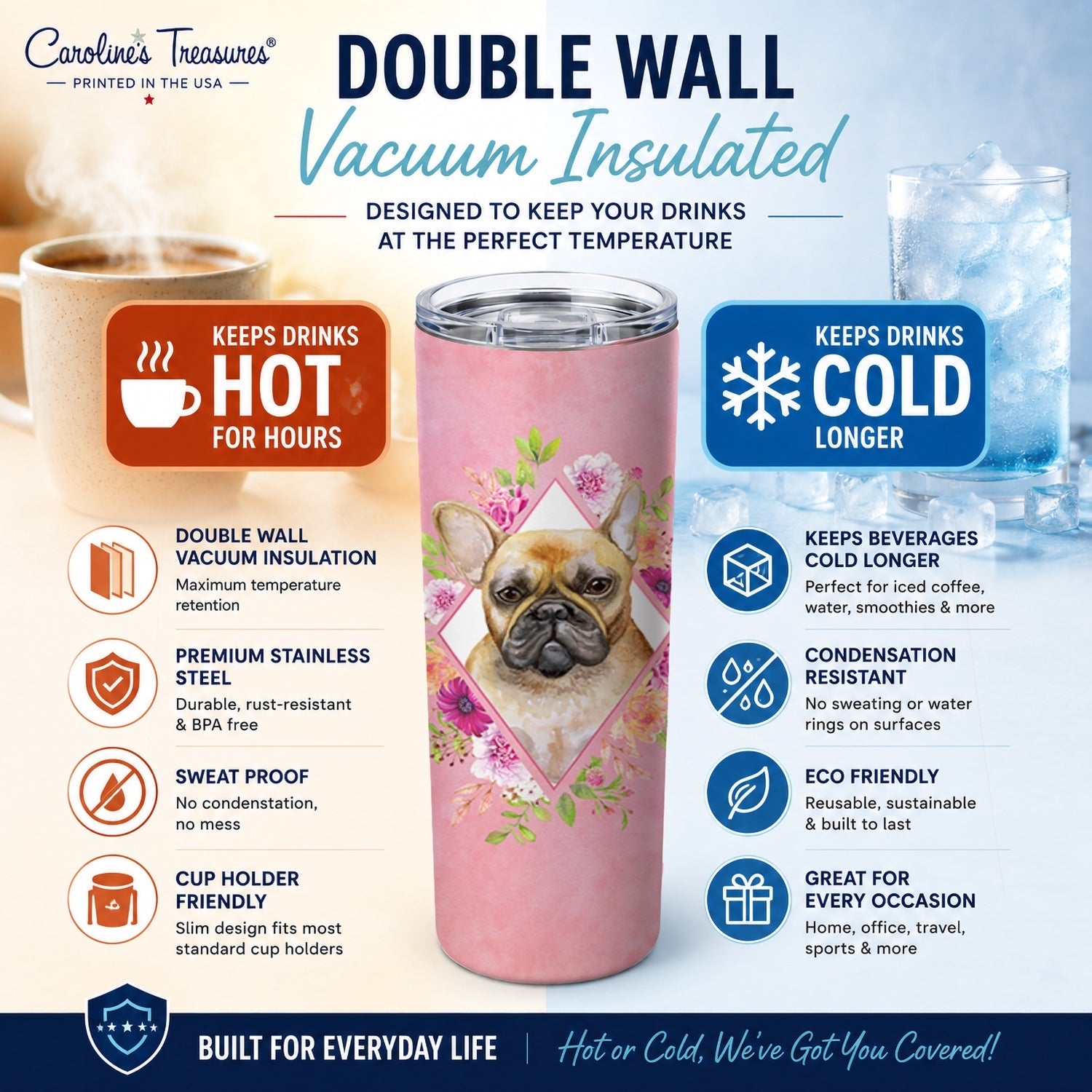 Fawn French Bulldog Pink Flowers Stainless Steel Skinny Tumbler 20 oz Vacuum Double Walled Reusable Insulated Travel Cup