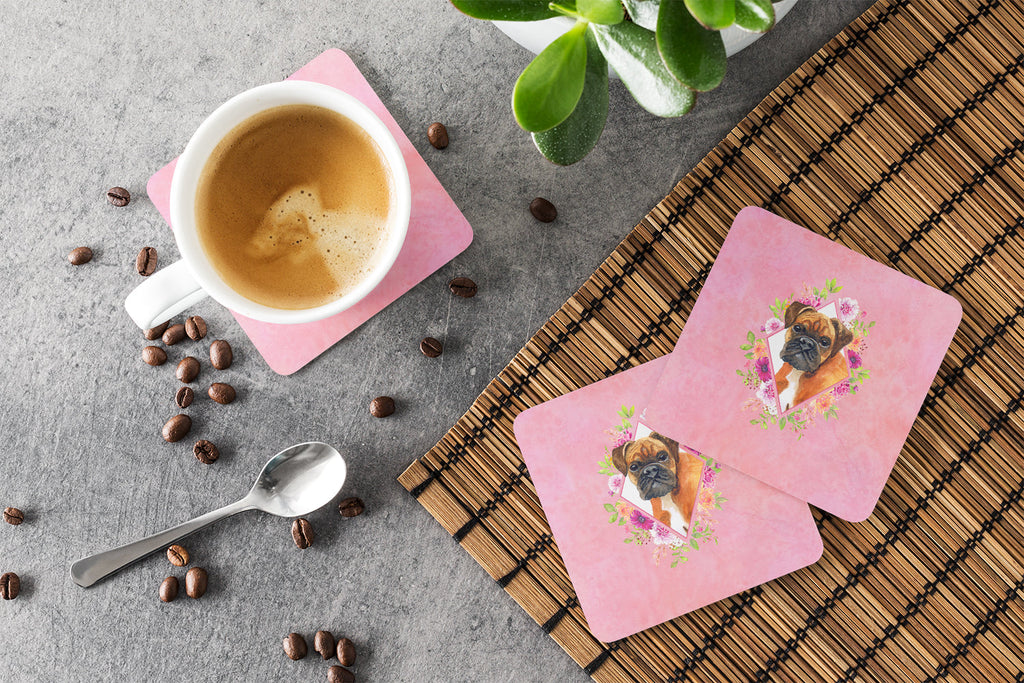 German Boxer Pink Flowers Foam Coasters Set of 4 Cup Coasters for Indoor Outdoor, Tabletop Protection, Anti Slip, Mouse pad Material