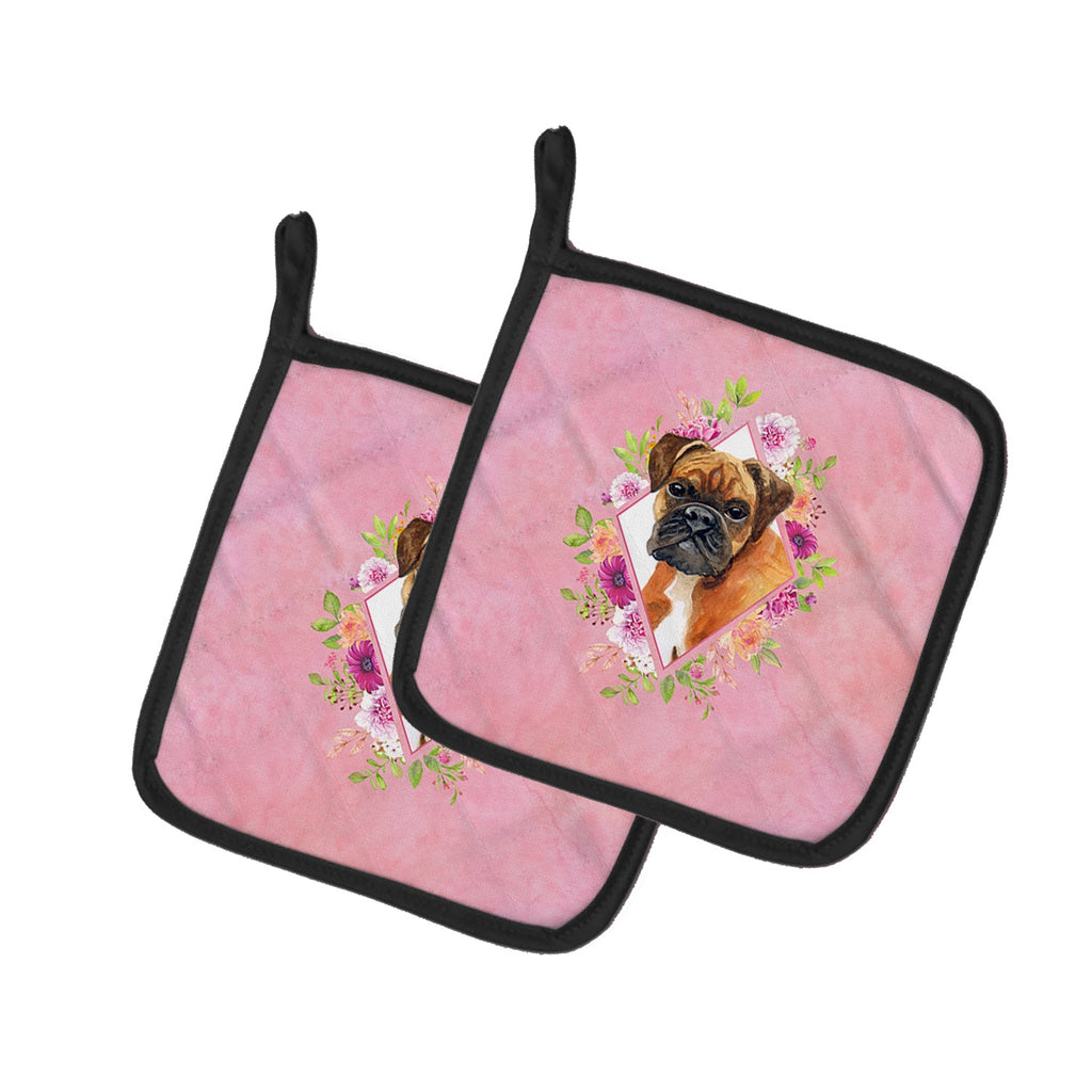 German Boxer Pink Flowers Pot Holder Set of 2 Heat Resistant Quilted Hot Pads 7.5 x 7.5 Inch, Insulated Kitchen Trivets for Cooking & Baking