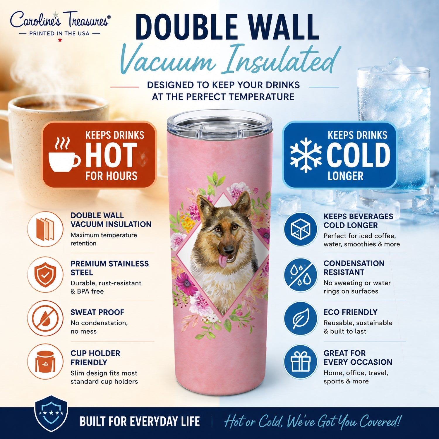 German Shepherd #1 Pink Flowers Stainless Steel Skinny Tumbler 20 oz Vacuum Double Walled Reusable Insulated Travel Cup