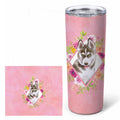 Siberian Husky #2 Pink Flowers Stainless Steel Skinny Tumbler 20 oz Vacuum Double Walled Reusable Insulated Travel Cup