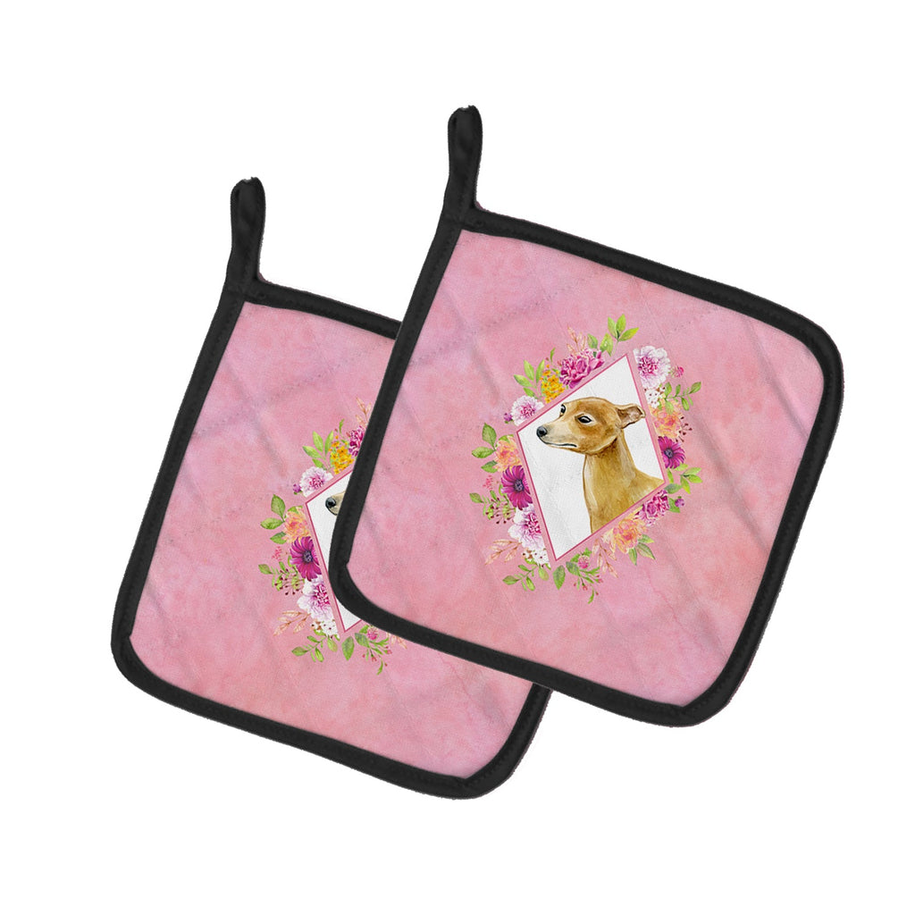 Italian Greyhound Pink Flowers Pot Holder Set of 2 Heat Resistant Quilted Hot Pads 7.5 x 7.5 Inch, Insulated Kitchen Trivets for Cooking & Baking