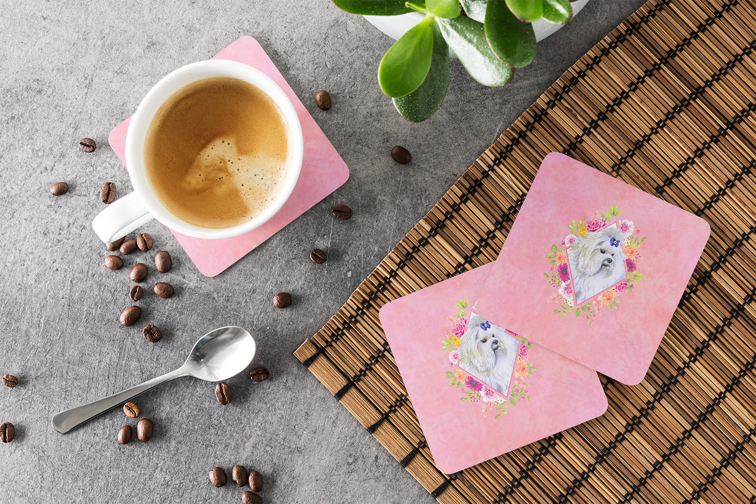 Maltese Pink Flowers Foam Coasters Set of 4 Cup Coasters for Indoor Outdoor, Tabletop Protection, Anti Slip, Mouse pad Material