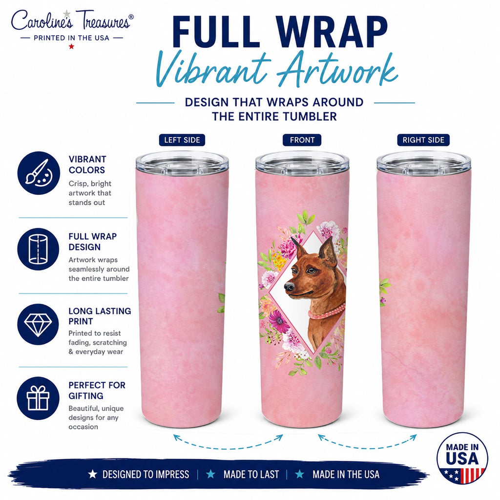 Miniature Pinscher Pink Flowers Stainless Steel Skinny Tumbler 20 oz Vacuum Double Walled Reusable Insulated Travel Cup