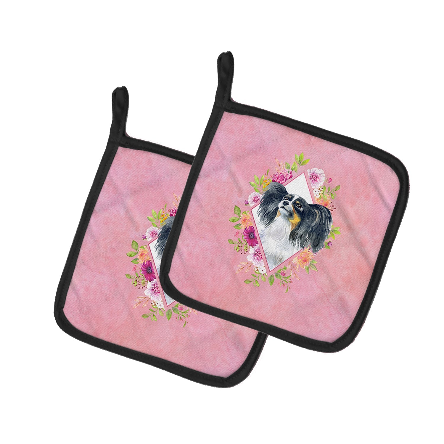 Papillon Pink Flowers Pot Holder Set of 2 Heat Resistant Quilted Hot Pads 7.5 x 7.5 Inch, Insulated Kitchen Trivets for Cooking & Baking