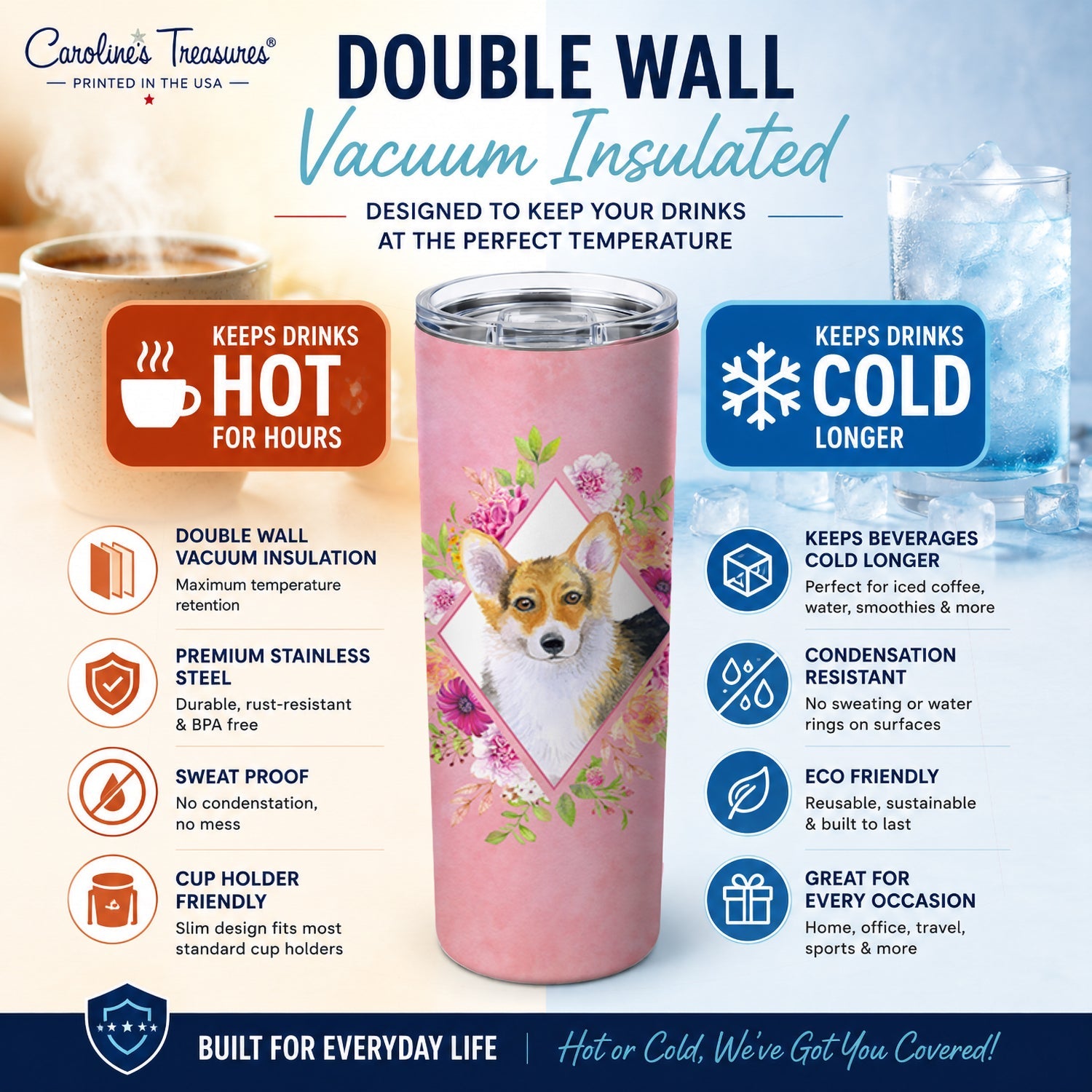 Corgi Pink Flowers Stainless Steel Skinny Tumbler 20 oz Vacuum Double Walled Reusable Insulated Travel Cup