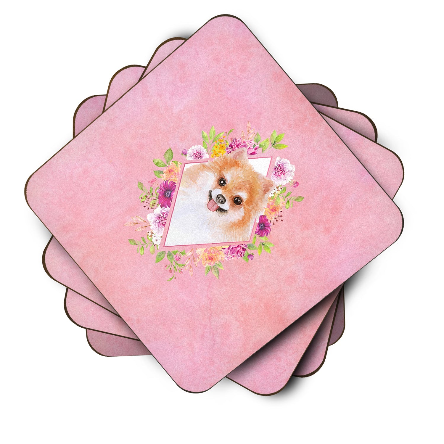 Pomeranian #1 Pink Flowers Foam Coasters Set of 4 Cup Coasters for Indoor Outdoor, Tabletop Protection, Anti Slip, Mouse pad Material