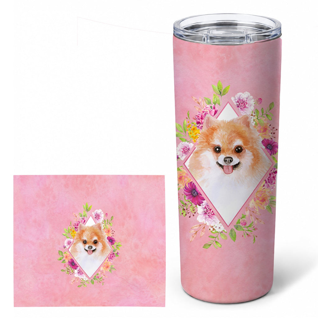 Pomeranian #1 Pink Flowers Stainless Steel Skinny Tumbler 20 oz Vacuum Double Walled Reusable Insulated Travel Cup