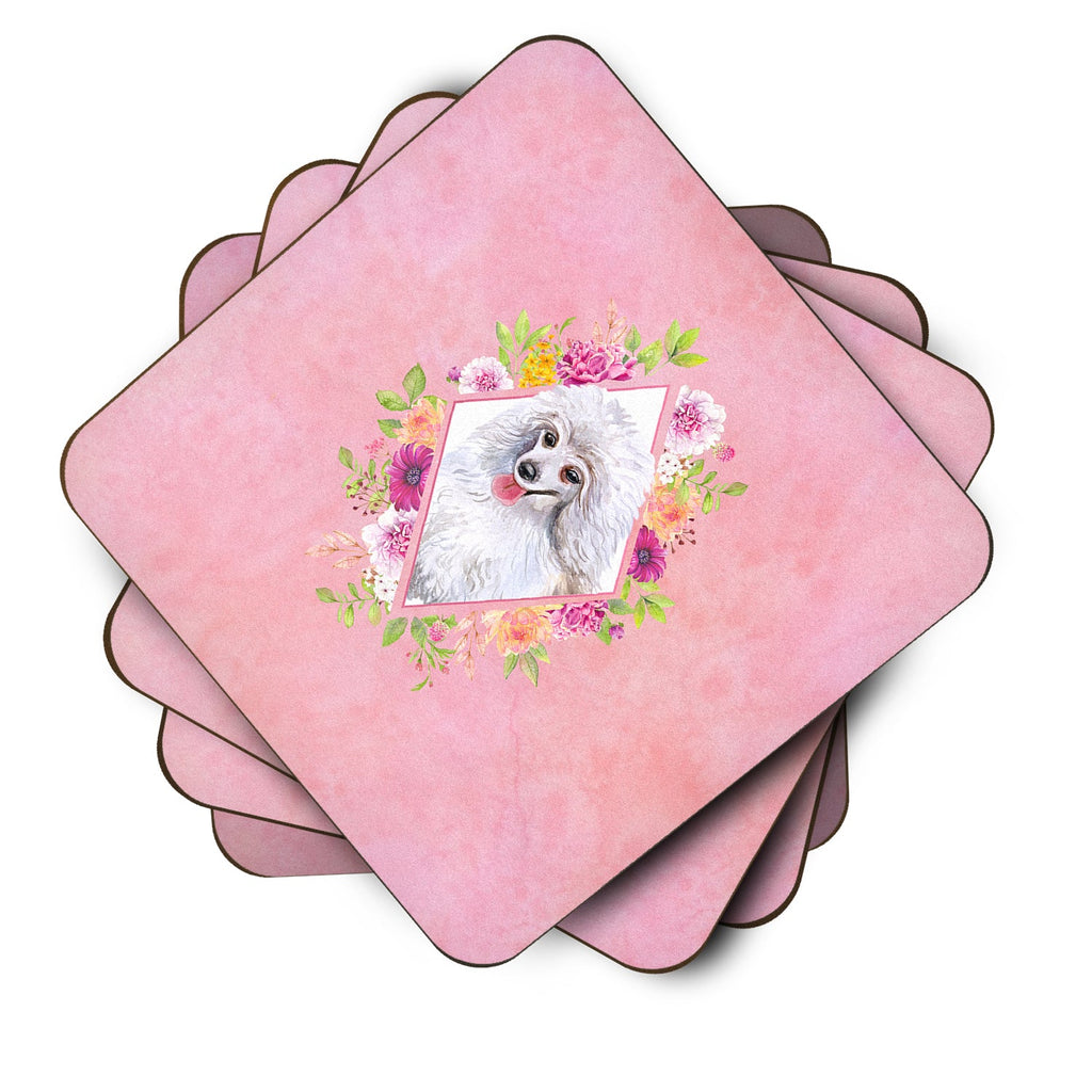 White Mini Poodle Pink Flowers Foam Coasters Set of 4 Cup Coasters for Indoor Outdoor, Tabletop Protection, Anti Slip, Mouse pad Material