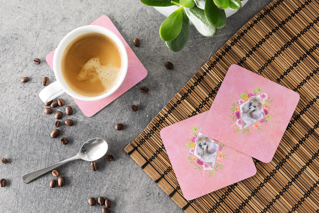 Standard Grey Poodle Pink Flowers Foam Coasters Set of 4 Cup Coasters for Indoor Outdoor, Tabletop Protection, Anti Slip, Mouse pad Material