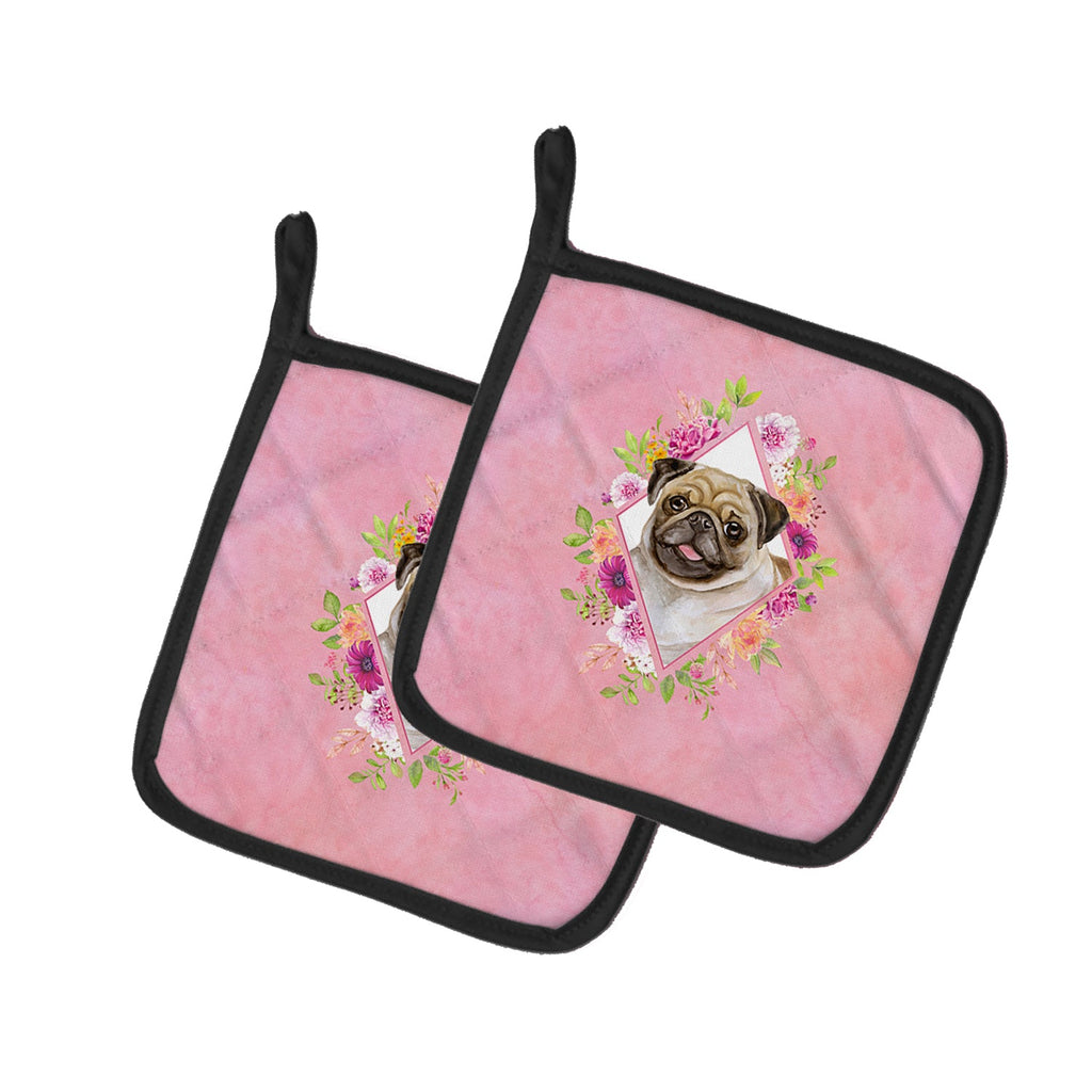 Fawn Pug Pink Flowers Pot Holder Set of 2 Heat Resistant Quilted Hot Pads 7.5 x 7.5 Inch, Insulated Kitchen Trivets for Cooking & Baking