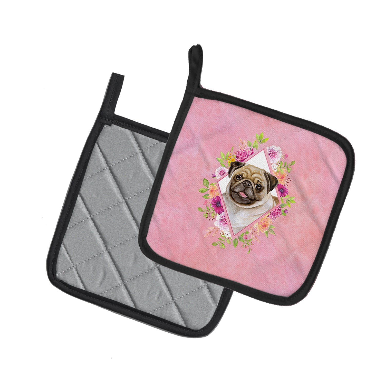 Fawn Pug Pink Flowers Pot Holder Set of 2 Heat Resistant Quilted Hot Pads 7.5 x 7.5 Inch, Insulated Kitchen Trivets for Cooking & Baking