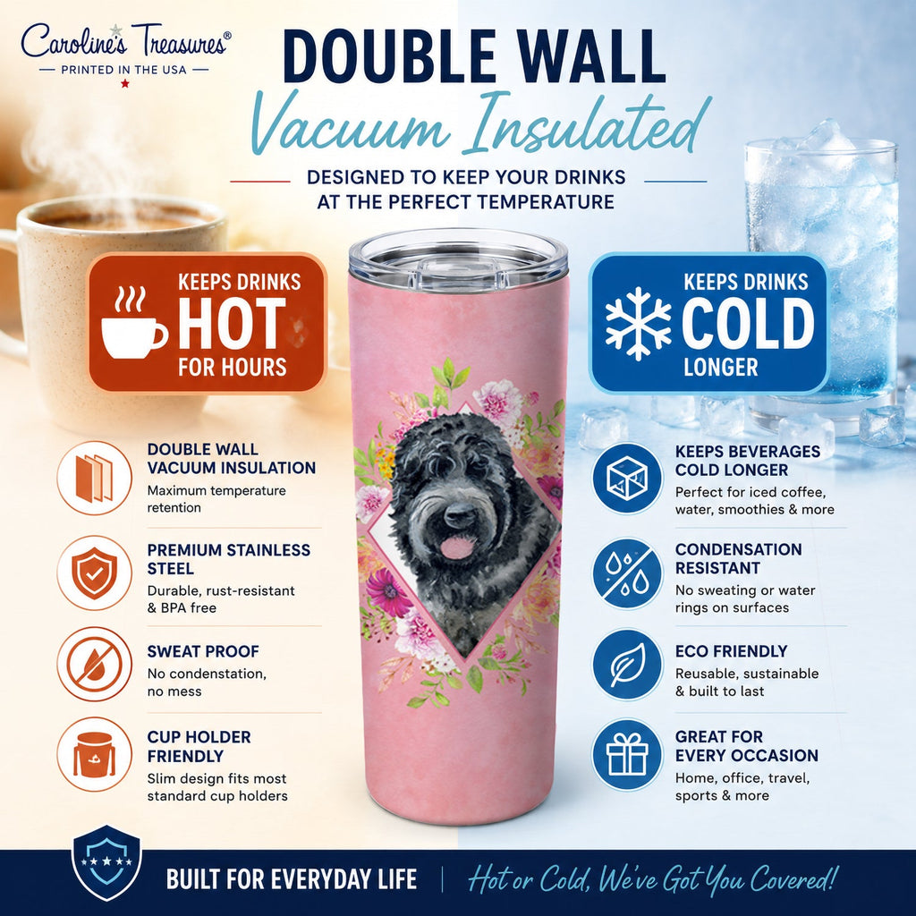 Russian Black Terrier Pink Flowers Stainless Steel Skinny Tumbler 20 oz Vacuum Double Walled Reusable Insulated Travel Cup