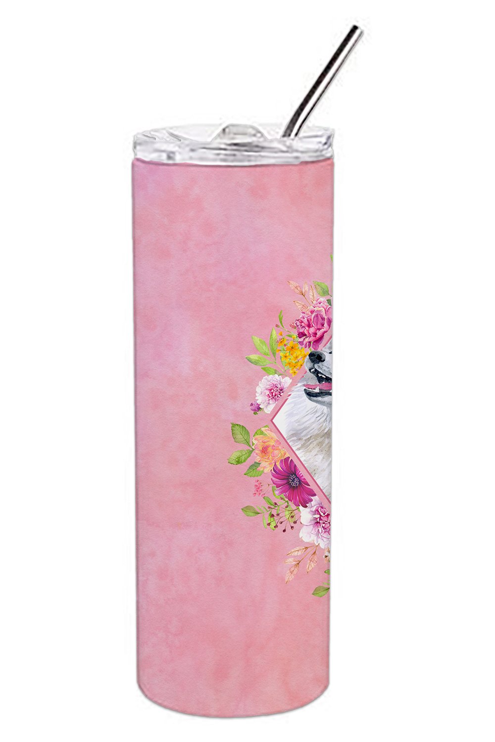 Samoyed Pink Flowers Stainless Steel Skinny Tumbler 20 oz Vacuum Double Walled Reusable Insulated Travel Cup