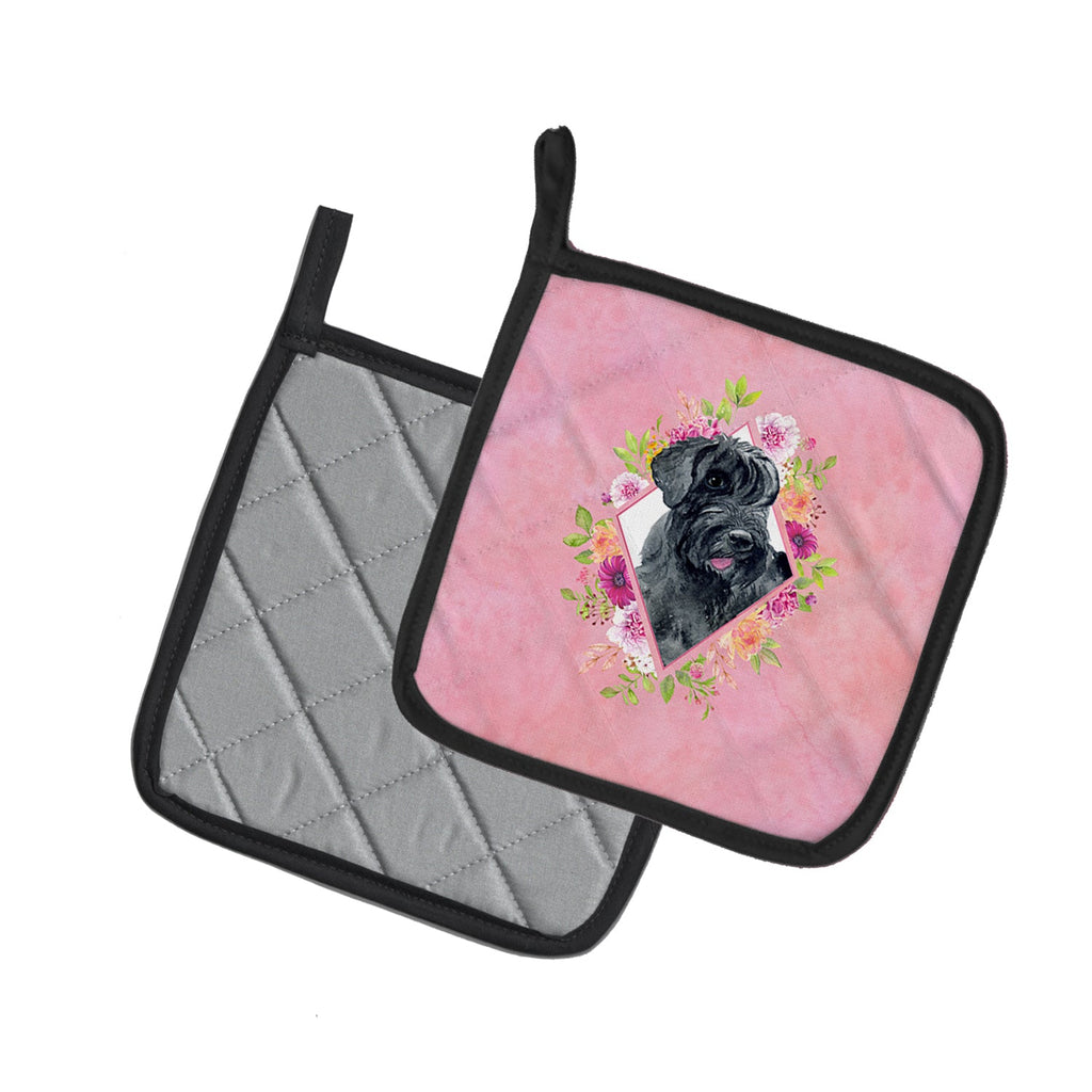 Giant Schnauzer Pink Flowers Pot Holder Set of 2 Heat Resistant Quilted Hot Pads 7.5 x 7.5 Inch, Insulated Kitchen Trivets for Cooking & Baking