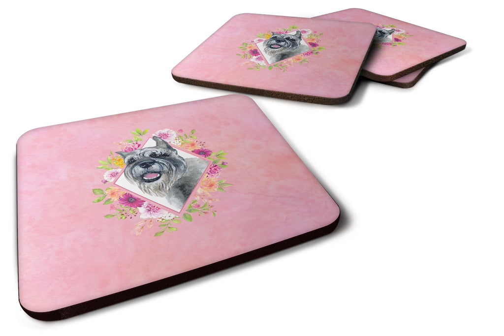 Schnauzer Pink Flowers Foam Coasters Set of 4 Cup Coasters for Indoor Outdoor, Tabletop Protection, Anti Slip, Mouse pad Material