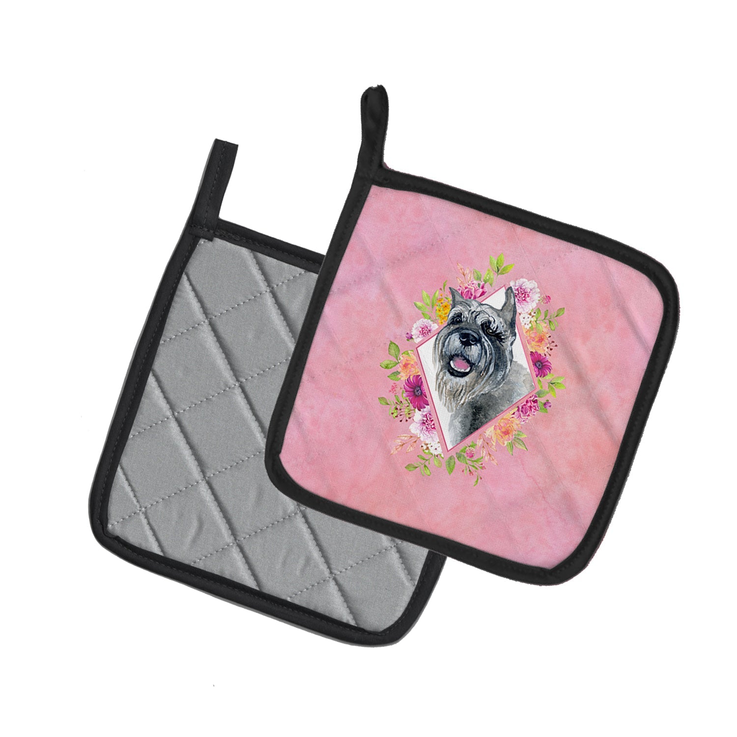 Schnauzer Pink Flowers Pot Holder Set of 2 Heat Resistant Quilted Hot Pads 7.5 x 7.5 Inch, Insulated Kitchen Trivets for Cooking & Baking