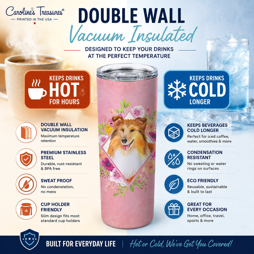 Sheltie Shetland Sheepdog Pink Flowers Stainless Steel Skinny Tumbler 20 oz Vacuum Double Walled Reusable Insulated Travel Cup
