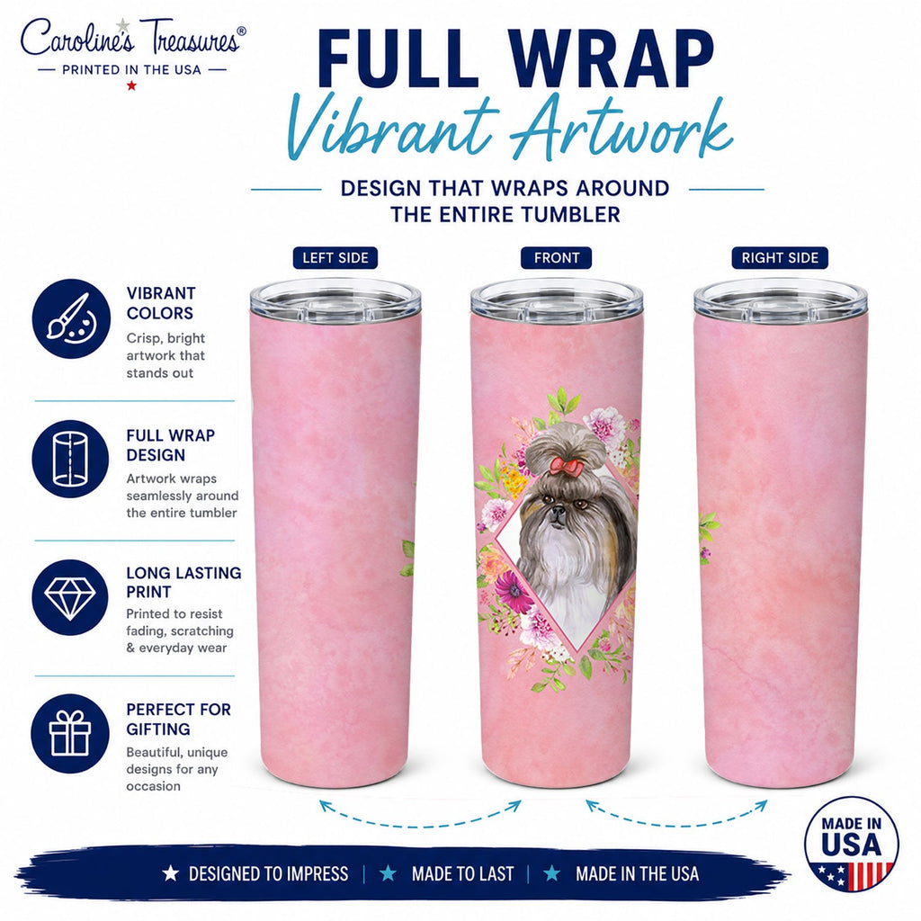 Shih Tzu Pink Flowers Stainless Steel Skinny Tumbler 20 oz Vacuum Double Walled Reusable Insulated Travel Cup
