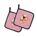 Brabant Griffon Pink Flowers Pot Holder Set of 2 Heat Resistant Quilted Hot Pads 7.5 x 7.5 Inch, Insulated Kitchen Trivets for Cooking & Baking