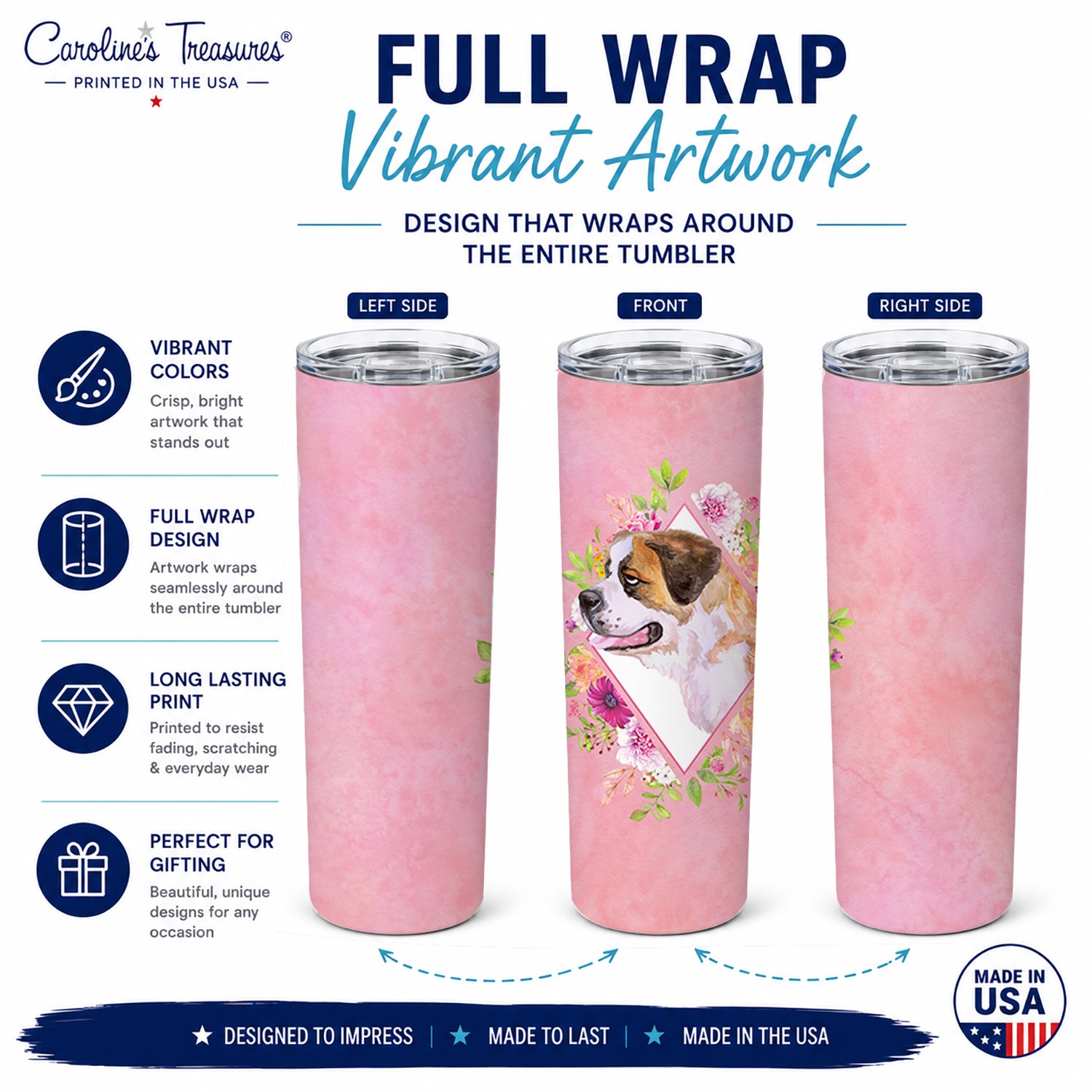 Saint Bernard #1 Pink Flowers Stainless Steel Skinny Tumbler 20 oz Vacuum Double Walled Reusable Insulated Travel Cup