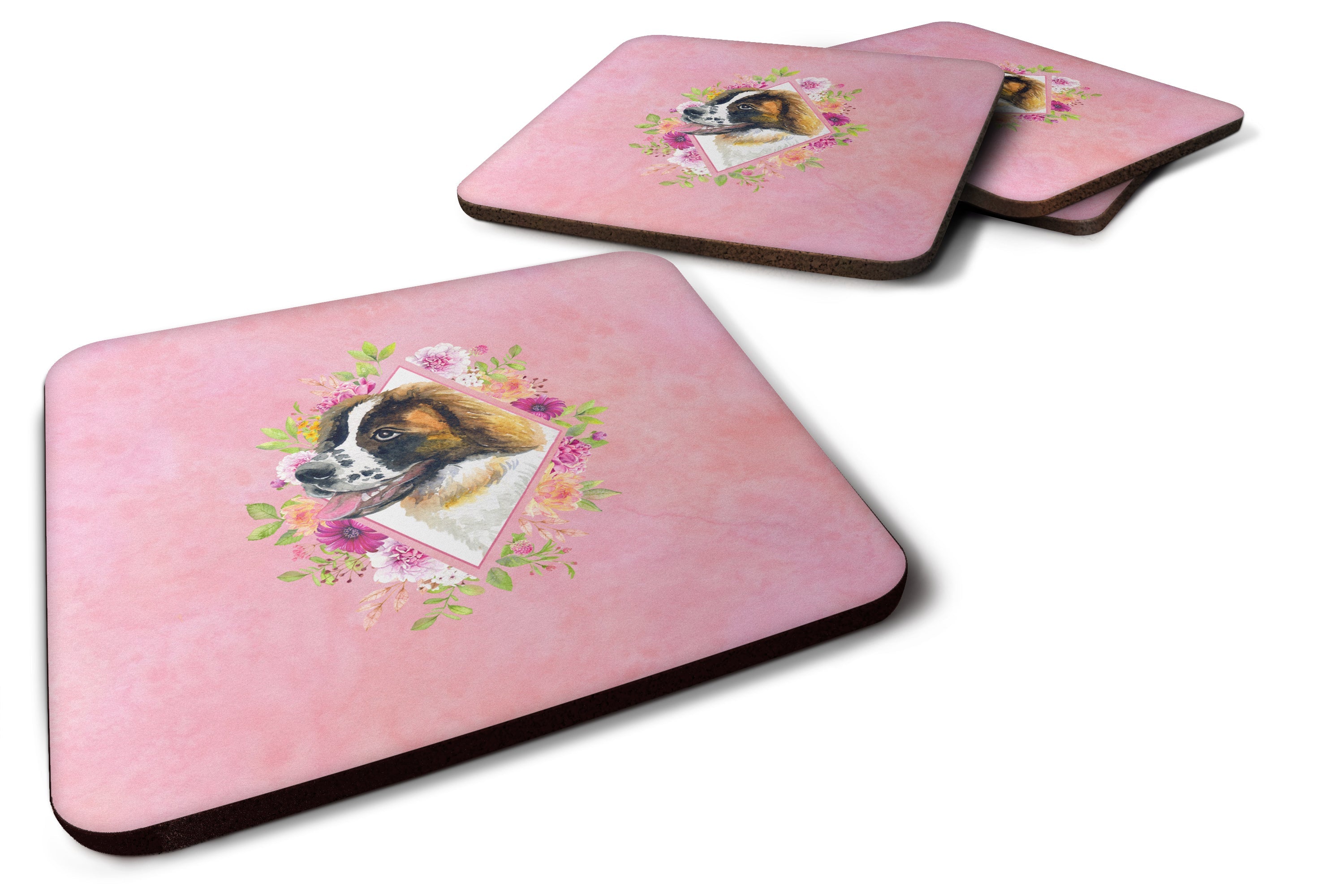 Saint Bernard #2 Pink Flowers Foam Coasters Set of 4 Cup Coasters for Indoor Outdoor, Tabletop Protection, Anti Slip, Mouse pad Material