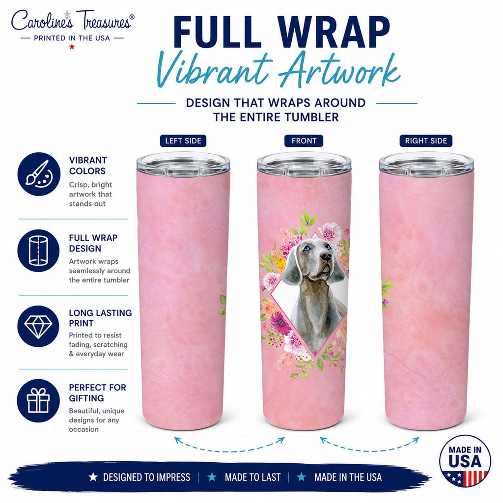 Weimaraner Pink Flowers Stainless Steel Skinny Tumbler 20 oz Vacuum Double Walled Reusable Insulated Travel Cup