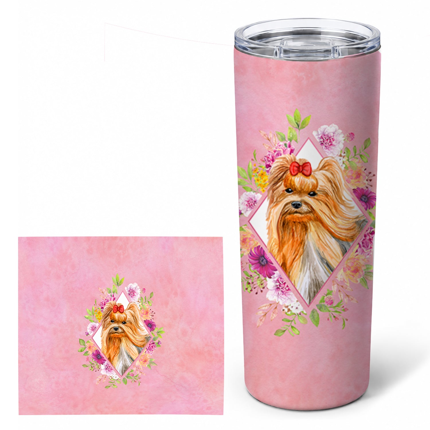 Yorkshire Terrier #2 Pink Flowers Stainless Steel Skinny Tumbler 20 oz Vacuum Double Walled Reusable Insulated Travel Cup