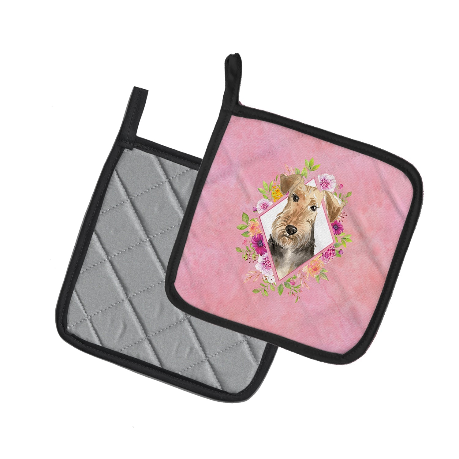 Airedale Terrier Pink Flowers Pot Holder Set of 2 Heat Resistant Quilted Hot Pads 7.5 x 7.5 Inch, Insulated Kitchen Trivets for Cooking & Baking