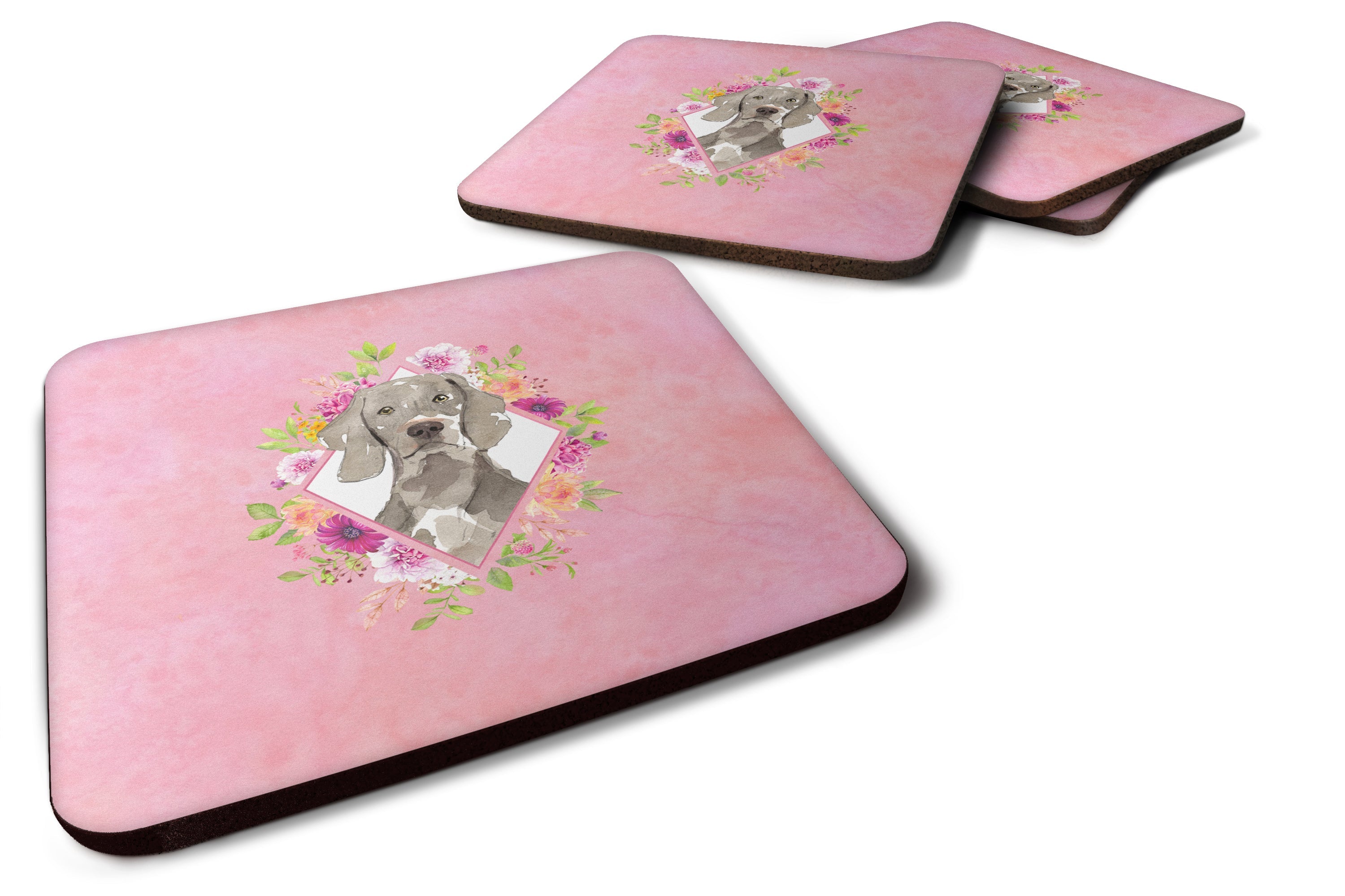 Weimaraner Pink Flowers Foam Coasters Set of 4 Cup Coasters for Indoor Outdoor, Tabletop Protection, Anti Slip, Mouse pad Material