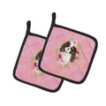 Tricolor Cavalier Spaniel Pink Flowers Pot Holder Set of 2 Heat Resistant Quilted Hot Pads 7.5 x 7.5 Inch, Insulated Kitchen Trivets for Cooking & Baking