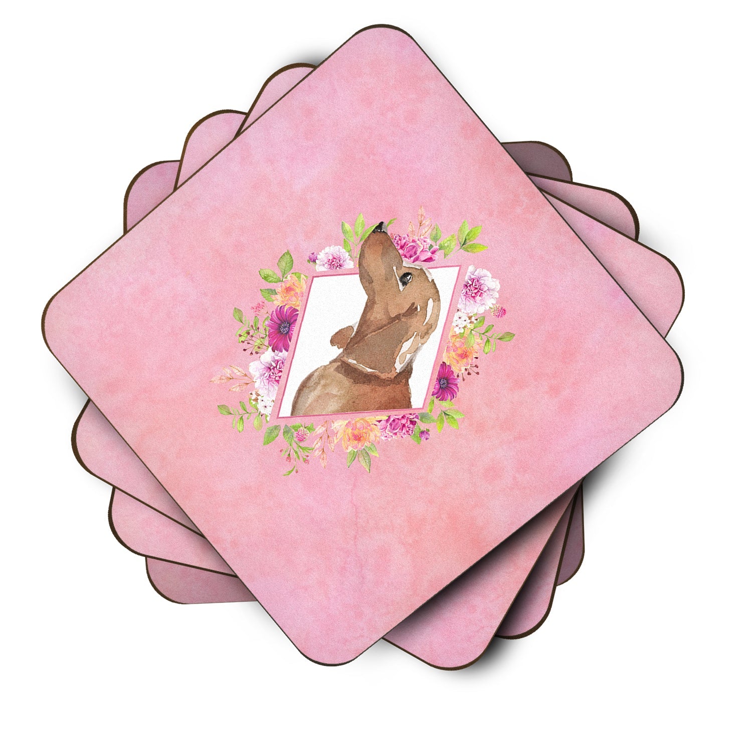 Dachshund Pink Flowers Foam Coasters Set of 4 Cup Coasters for Indoor Outdoor, Tabletop Protection, Anti Slip, Mouse pad Material
