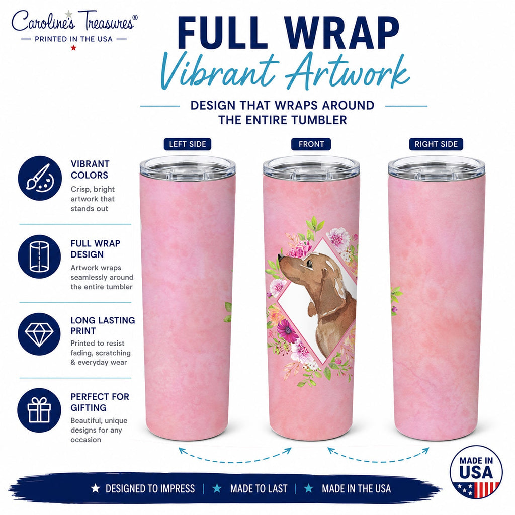 Dachshund Pink Flowers Stainless Steel Skinny Tumbler 20 oz Vacuum Double Walled Reusable Insulated Travel Cup