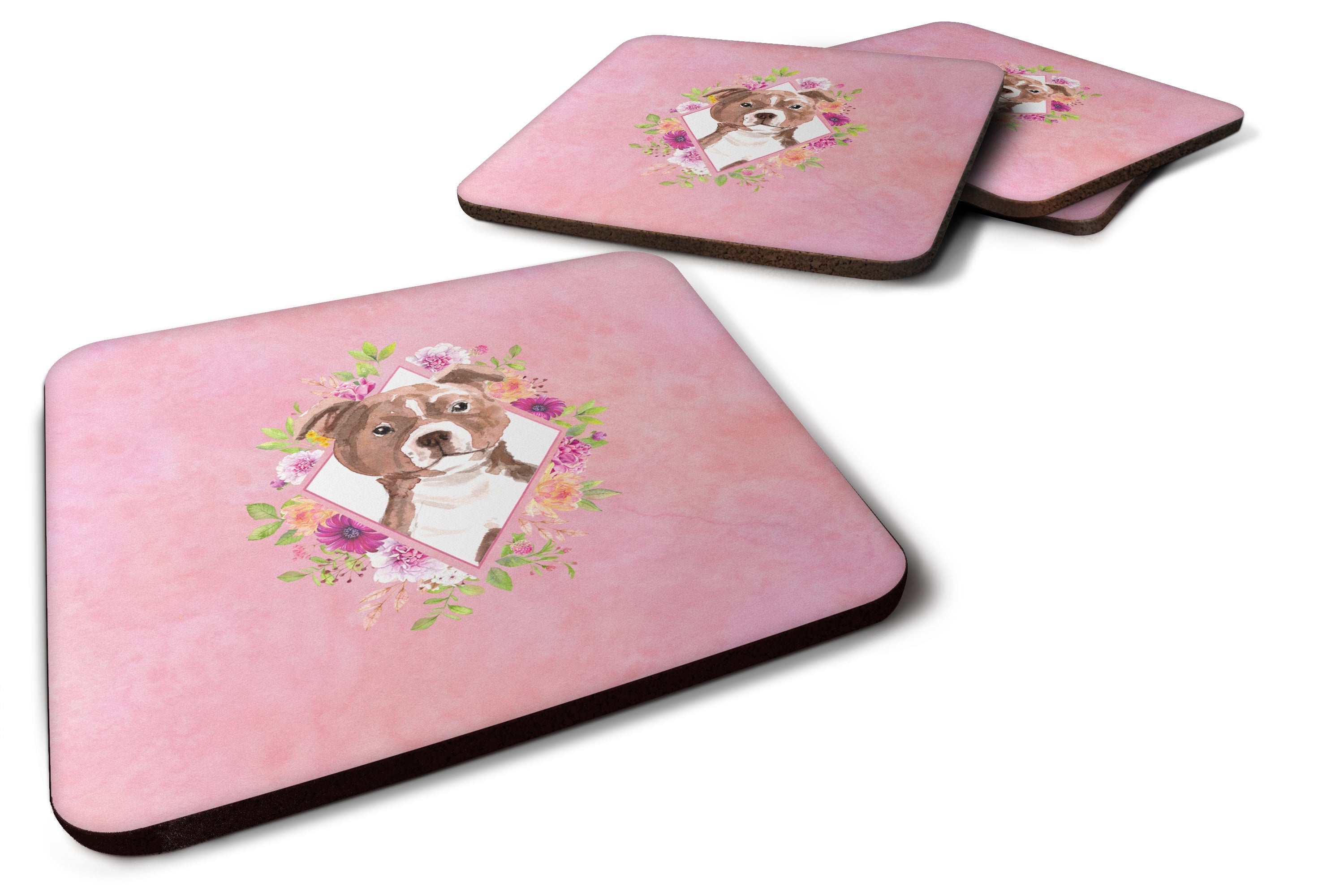 Staffie Bull Terrier Pink Flowers Foam Coasters Set of 4 Cup Coasters for Indoor Outdoor, Tabletop Protection, Anti Slip, Mouse pad Material