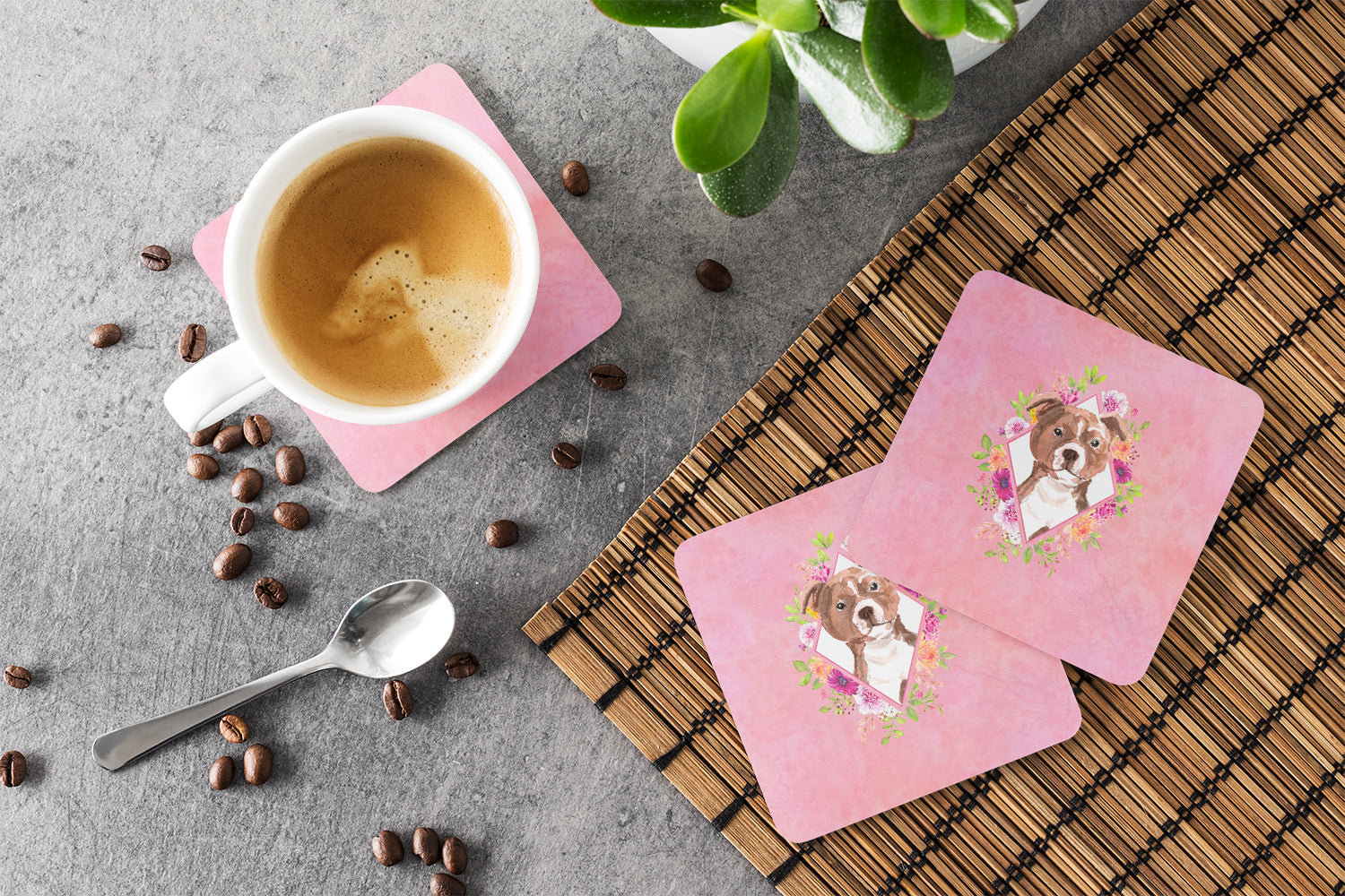Staffie Bull Terrier Pink Flowers Foam Coasters Set of 4 Cup Coasters for Indoor Outdoor, Tabletop Protection, Anti Slip, Mouse pad Material